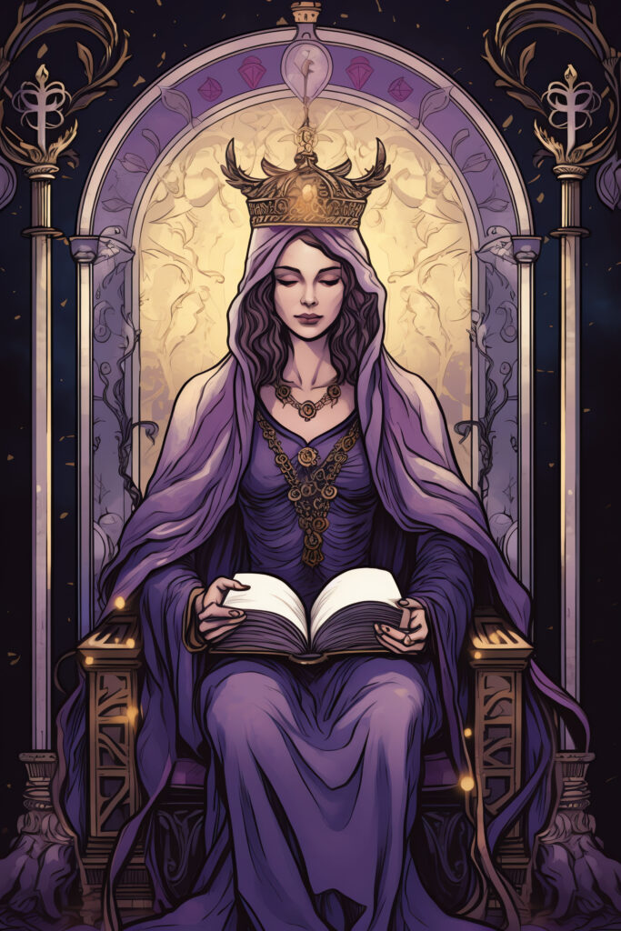 Image de la carte du tarot de la Papesse, elle symbolise la connaissance cachée, la sagesse intérieure et la spiritualité